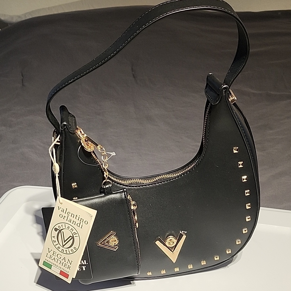 Valentino Orlandi Black and Gold Hobo Bag with Vegan Leather Finish